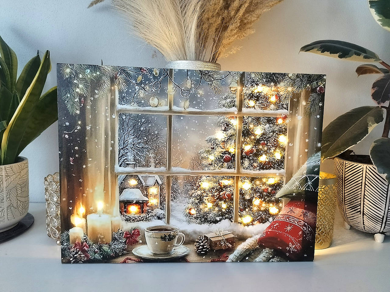 Svietiaci vianočný obraz – Vianočný pohľad z okna (40 × 30 cm)