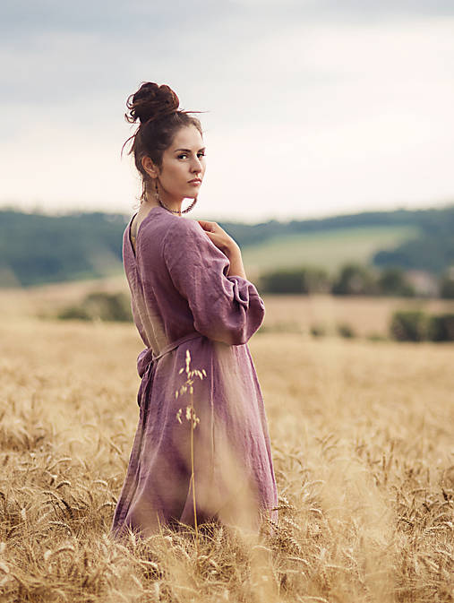 Šaty - Lněné maxišaty Mauve s vázáním - 17854462_