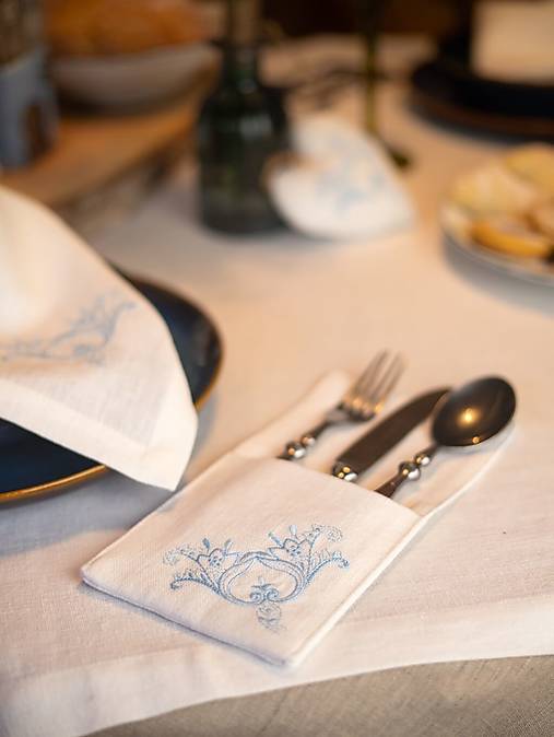 Úžitkový textil - Ľanové puzdro na príbor Blue Cottage - 17857814_