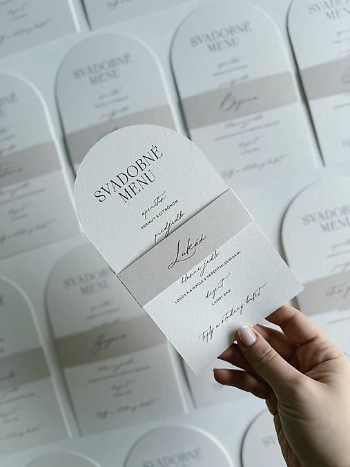 Papiernictvo - Svadobné menu DL polkruh + menovka béžový grep - 17861416_