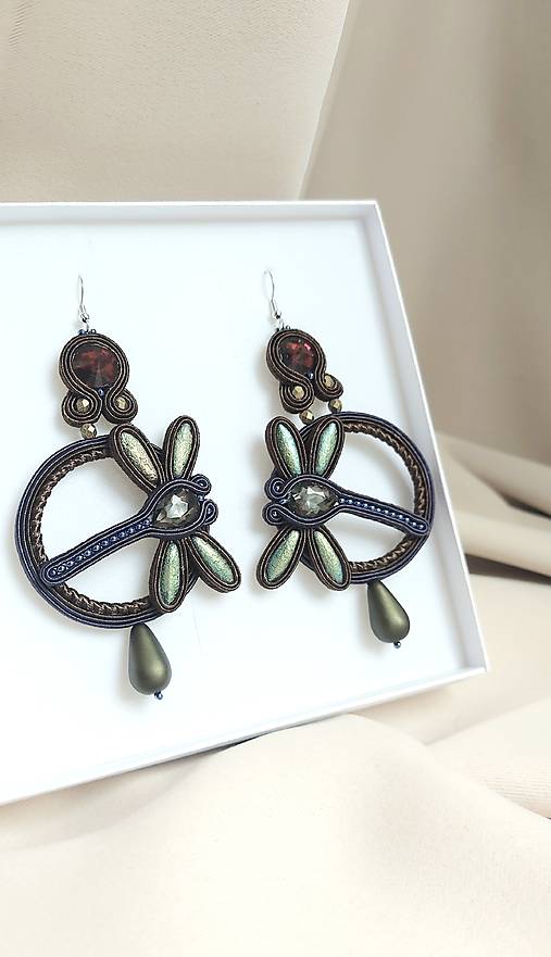 Náušnice - Dragonfly - Ručne šité šujtášové náušnice - Soutache earrings - 17860522_