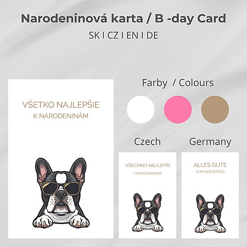Štýlová moderná narodeninová karta s Mopsom I SK - CZ - EN - DE