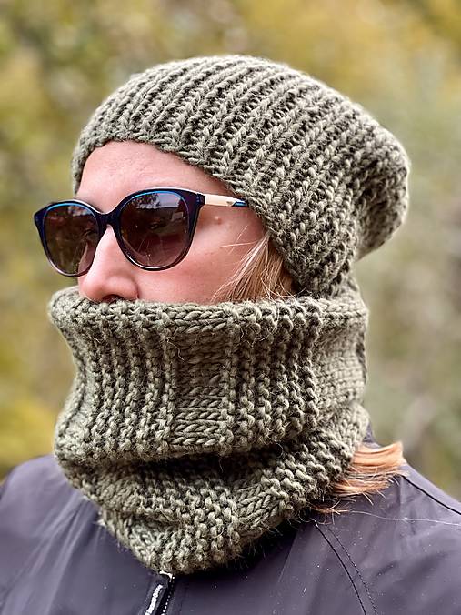 Čiapky, čelenky, klobúky - Zimný khaki set unisex - 17863798_