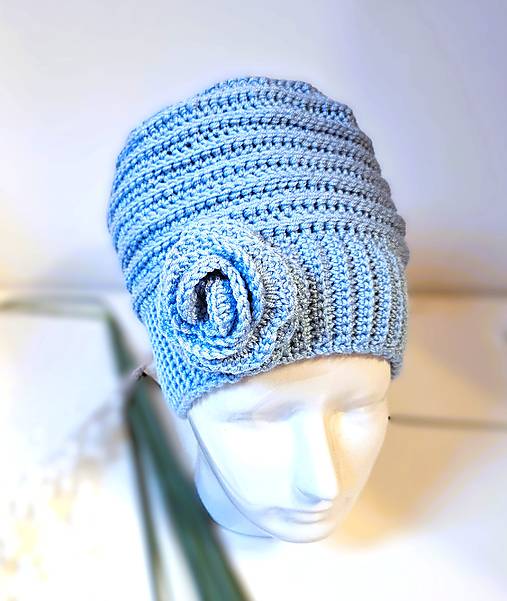 Čiapky, čelenky, klobúky - Háčkovaná dámska čiapka Belasá  Oeko-Tex® - 17864671_