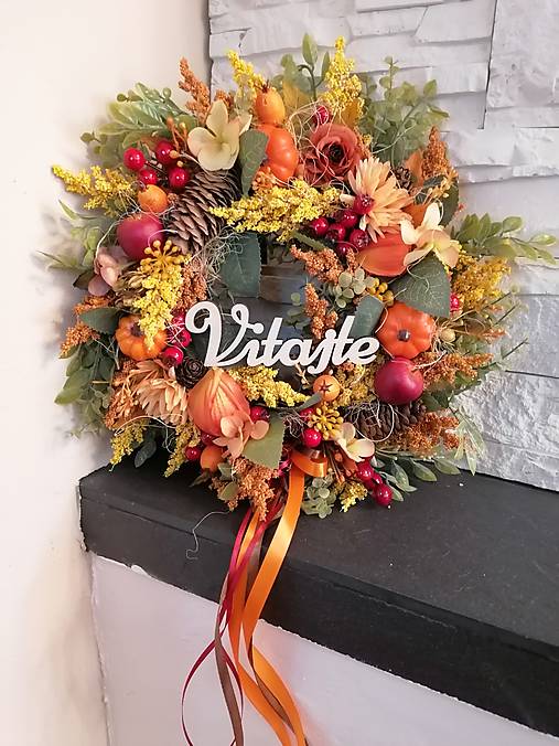 Dekorácie - Jesenný veniec s tekvicami, nápisom a mašlou 35cm - 17862548_