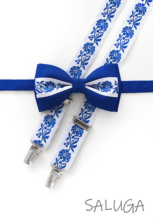 Pánske doplnky - Folklórny pánsky modrý motýlik a traky - folkový - ľudový - 17867997_