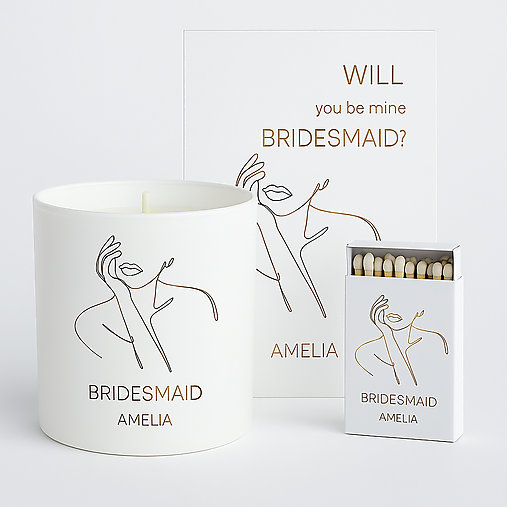 Personalizovaný set pre družičky / Bridesmaid gift set – handmade soy candle, card & matches