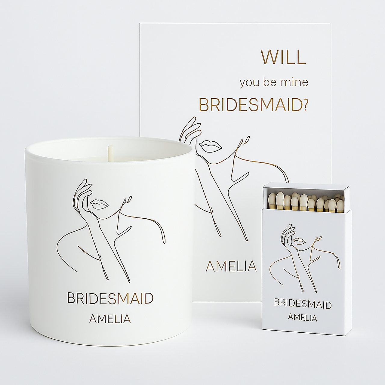 Personalizovaný set pre družičky / Bridesmaid gift set – handmade soy candle, card & matches
