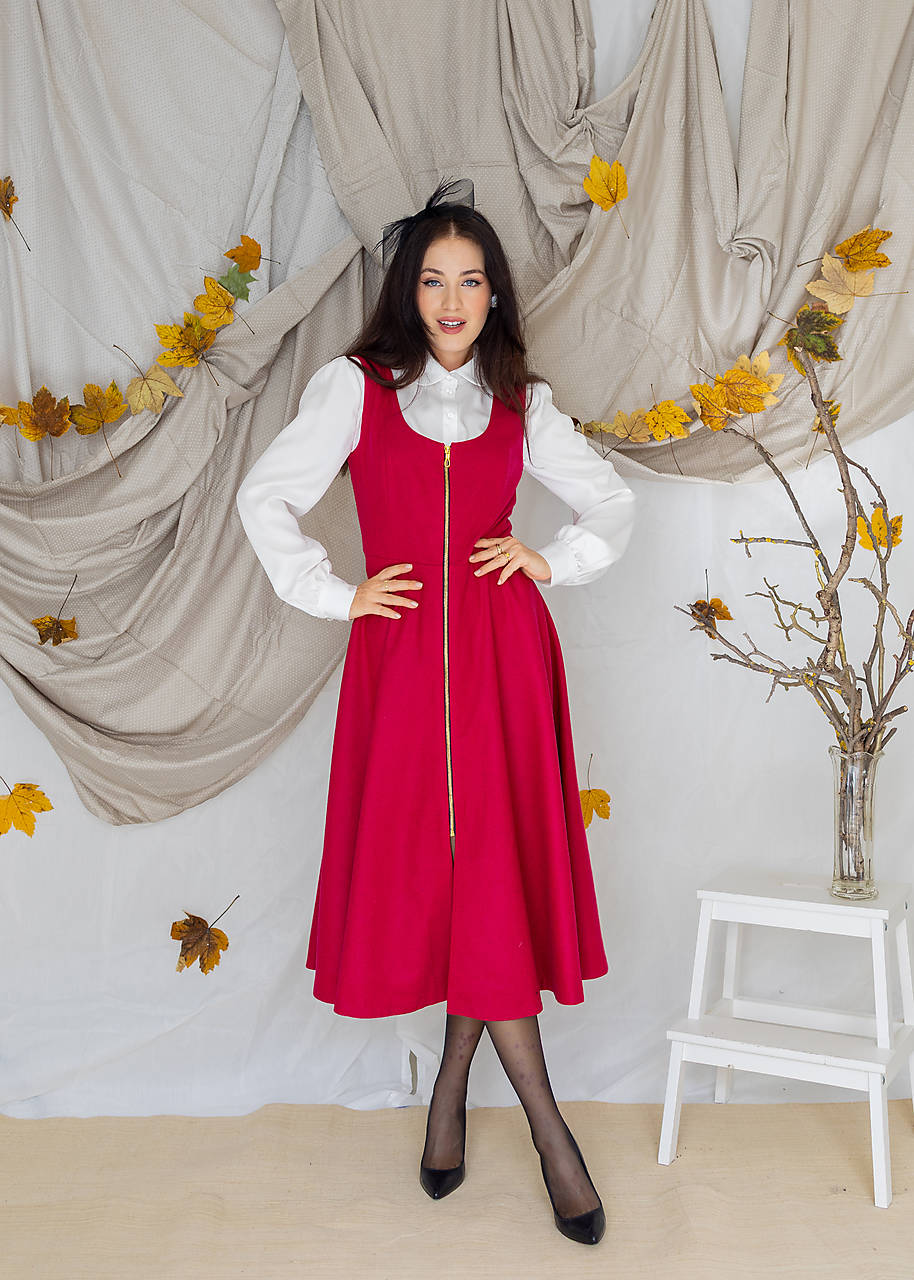 Fuchsiové vlnené vestové šaty so zipsom