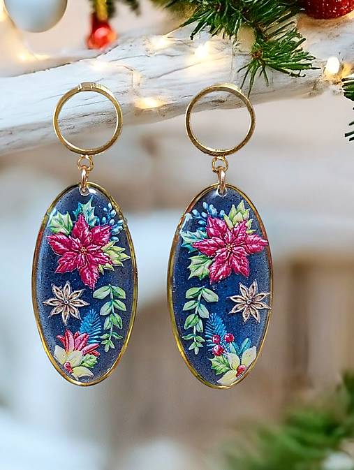 Náušnice - Vianočné náušnice modré s vianočnými ružami, nerezová oceľ - 17870395_