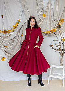 Bundy a kabáty - Fuchsiový vlnený kabát s kruhovou sukňou - 17871023_