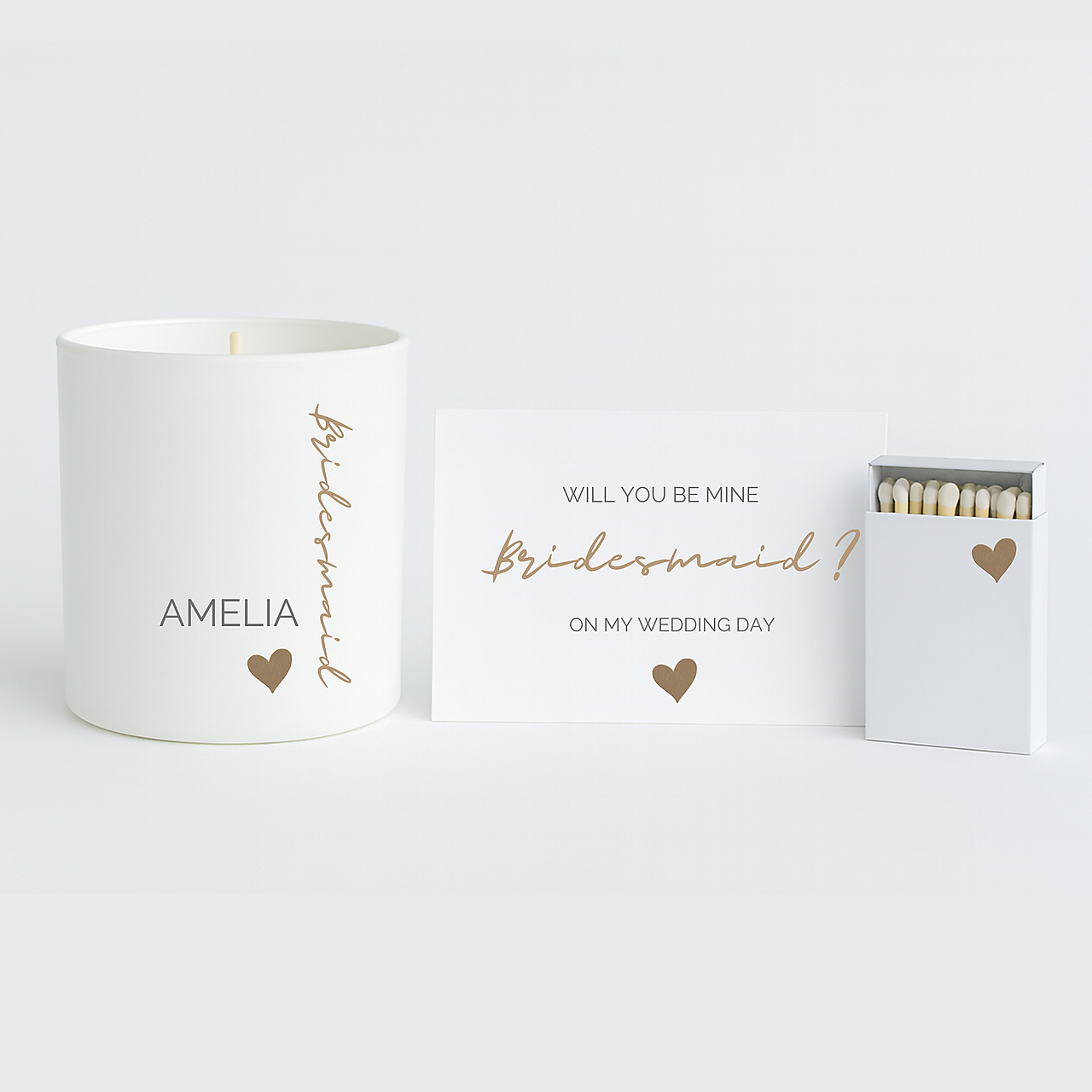 Personalizovaný set pre družičky / Bridesmaid gift set – handmade soy candle, card & matches