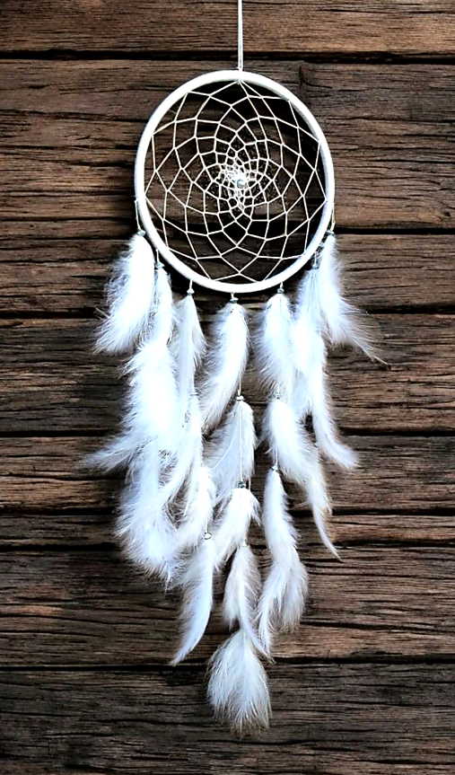 Dekorácie - Lapač snov biely (kruhu je 12 cm, celková dĺžka je cca 40cm+ šnúrka na zavesenie.) - 17875309_