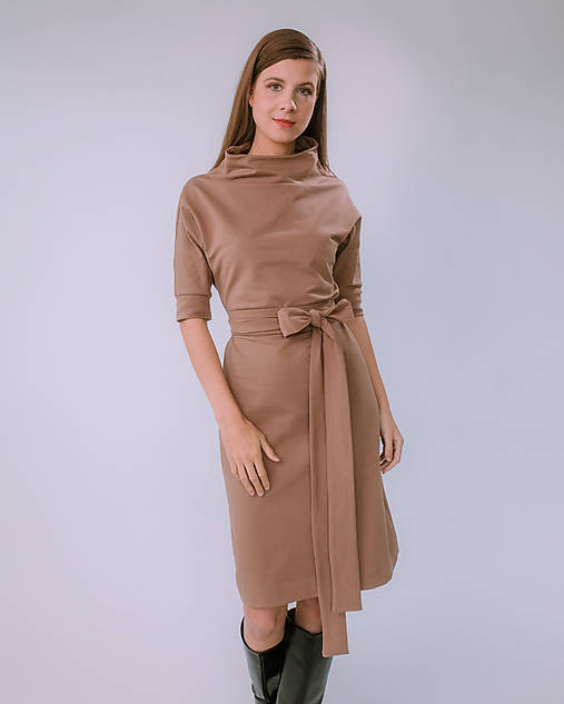 Šaty - MIESTNE VOĽNÉ TEPLÁKOVÉ ŠATY S OPASKOM SANDRA (TM.MOCHA) - 17873776_