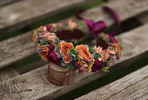 Ozdoby do vlasov - Jesenný kvetinový venček v teplých tónoch - 17877662_