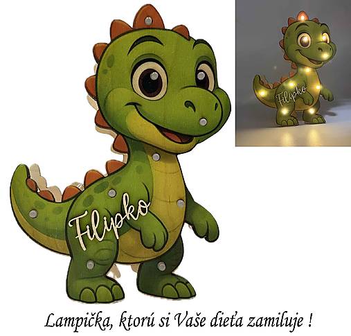 Svietidlá - Detská drevená LED lampa Dinosaurus (S menom) - 17877784_