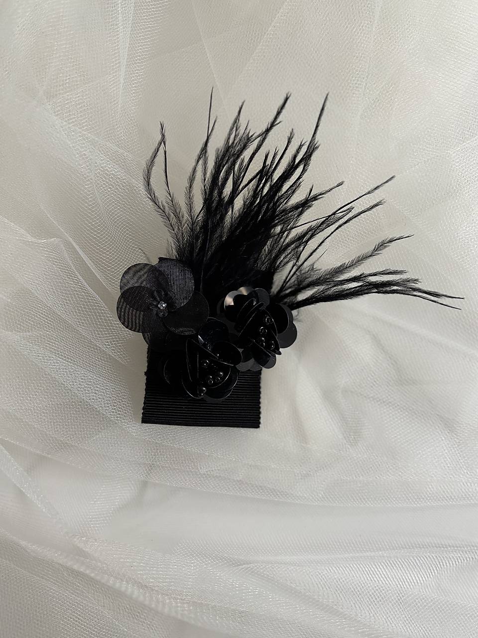 Brošne z kolekcie Forum Florum  (Čierna ripsová brošňa s flitrovými kvetmi a pierkami)