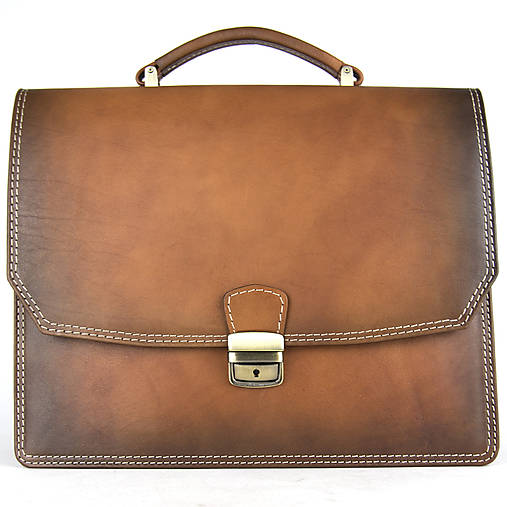 Pánske tašky - Kožená aktovka z pravej kože, ručne tamponovaná v Cigaro farbe - 17880806_