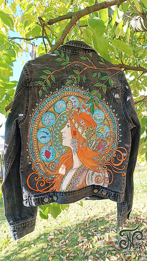 Bundy a kabáty - Ručne maľovaná riflová bunda secesia - 17880601_