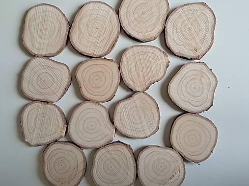 Dekorácie - Drevené plátky z vianočných stromčekov - priemer 5,5 - 7 cm, balenie 15 ks - 17880269_