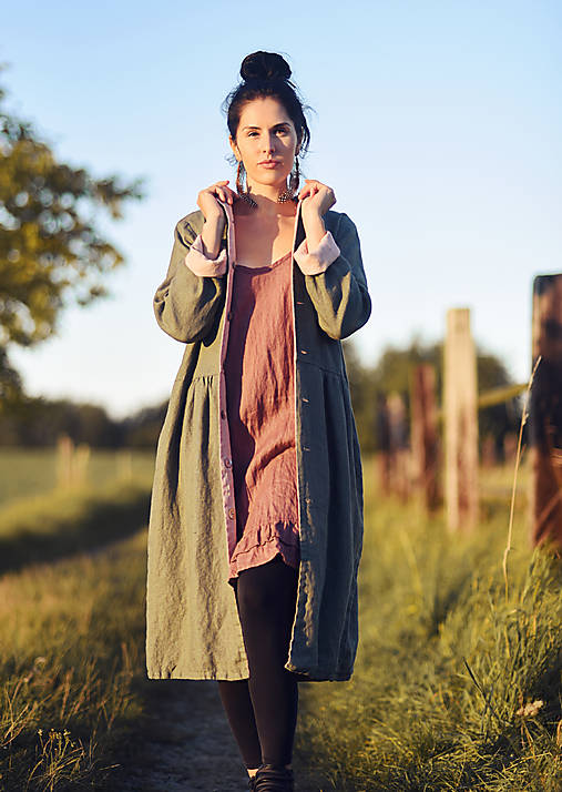 Bundy a kabáty - Lněný oboustranný kabát khaki / pudrový - 17879964_