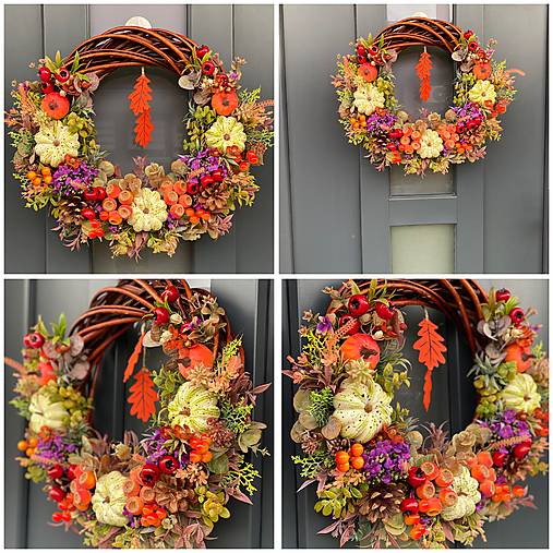 Jesenný veniec L 40cm na hnedom prútenom základe dekorácia na dvere Venček J3
