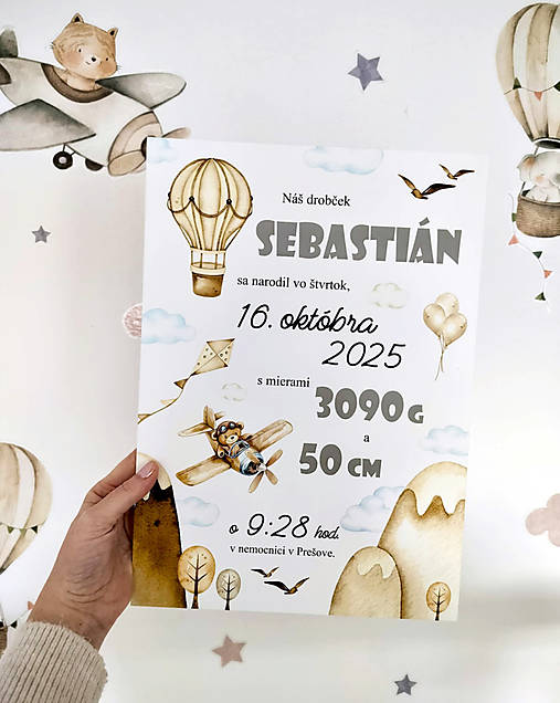 Tabuľka pre bábätko s údajmi o narodení balón hory hviezdičky (lietadielko cca a4 - 38x27cm)