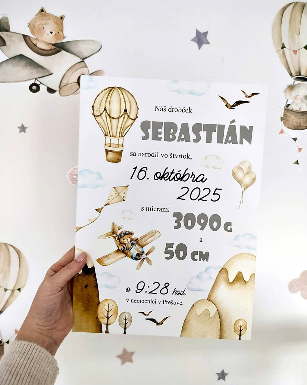 Tabuľka pre bábätko s údajmi o narodení balón hory hviezdičky (lietadielko cca a4 - 38x27cm)