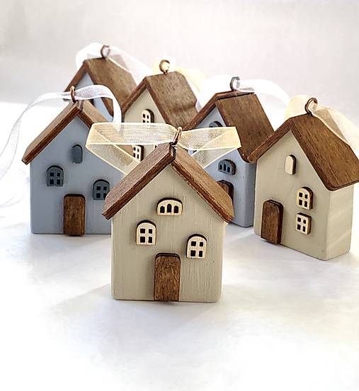 Dekorácie - Sada vianočných ozdôb domček - béžová a modrá - 17887406_