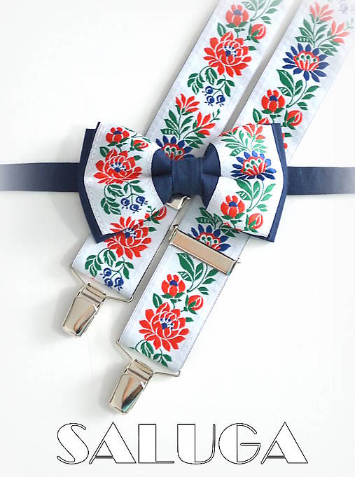Pánske doplnky - Folklórny pánsky modrý biely motýlik a traky - folkový - ľudový - 17888132_