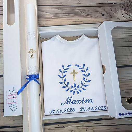 Detské oblečenie - Košieľka na krst K10 tmavomodrá so sýto zlatou v darčekovom balení a sviečka na krst zlatý krížik s chránitkom - 17887252_