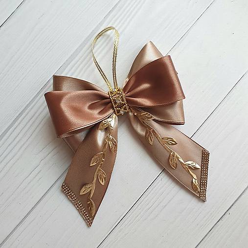 Dekorácie - Súprava 10 luxusných šampanských a bronzových hodvábnych mašlí – ručné vianočné ozdoby / Christmas ornaments - 17889492_