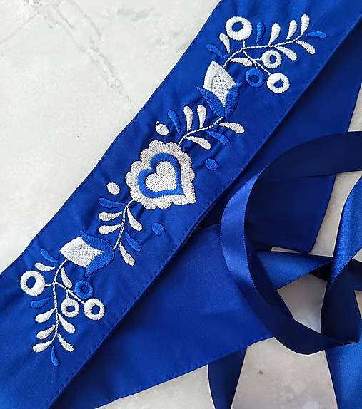 Opasky - Dámsky vyšívaný opasok - modrý - kvety - 17893198_