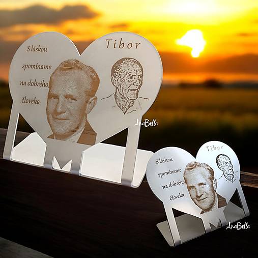 Dekorácie - Nerezová tabuľka na hrob s vlastnou fotkou (Srdce rozmer 14x16cm) - 17890486_