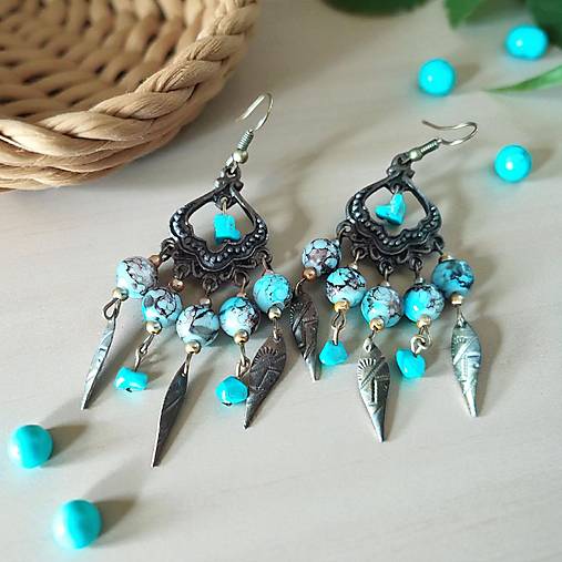 Náušnice - Bronzové etno náušnice s tyrkysom - 17895748_