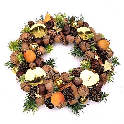 Dekorácie - Zlatistý adventný veniec s hruškami - 17894746_