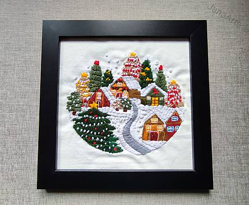 Obrazy - Vianočná dedina vyšívaný obraz - 17893865_