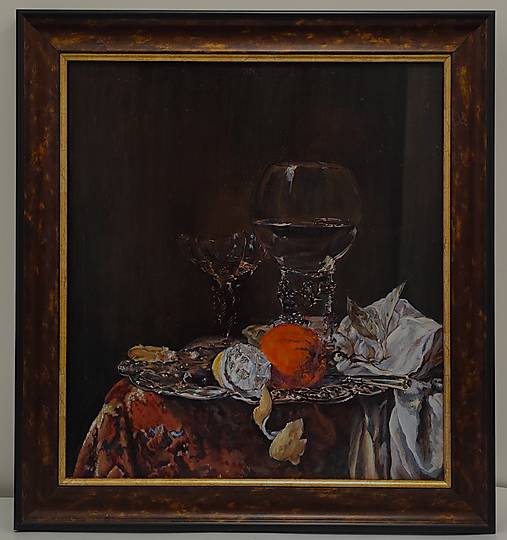 Obrazy - Voľná interpretácia diela Willema Kalfa – „Zátišie s ovocím a pohárom na víno“ (1659–1660) - 17896349_