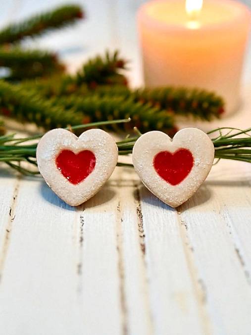 Náušnice - Vianočné náušnice linecké koláčiky, srdiečka, chirurgická oceľ - 17894986_