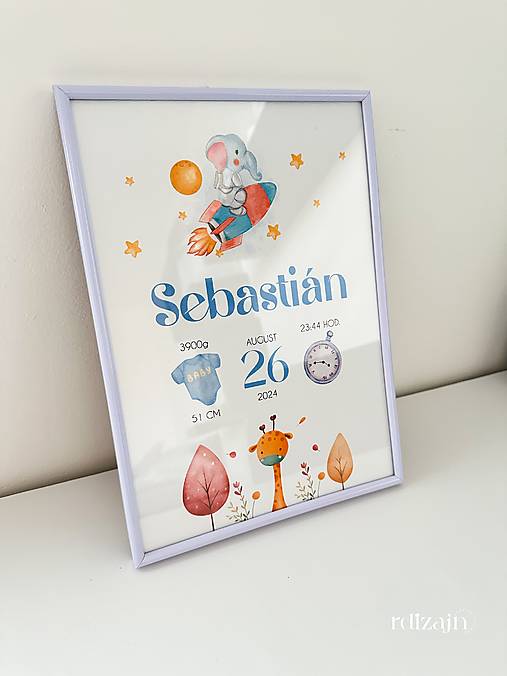 Detské doplnky - Detský personalizovaný rámček s údajmi o narodení bábätka SLON NA RAKETE - 17899017_
