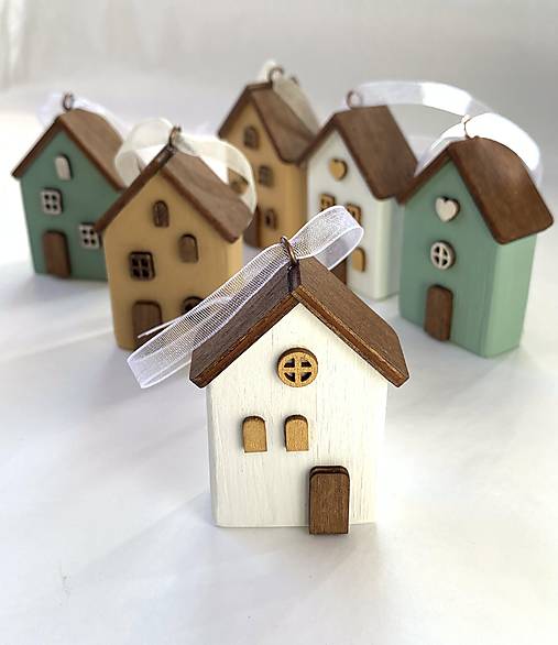 Dekorácie - Sada vianočných ozdôb domček - biela, béžová a mätová zelená - 17899196_