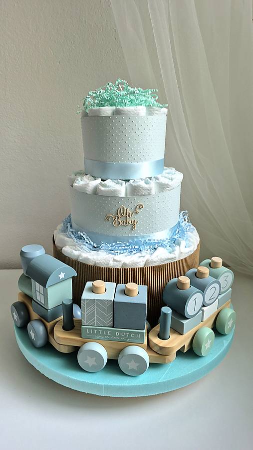 Detské doplnky - Plienková torta-vláčik (Modrá) - 17899277_