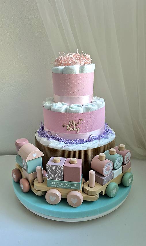 Detské doplnky - Plienková torta-vláčik (Ružová) - 17899286_