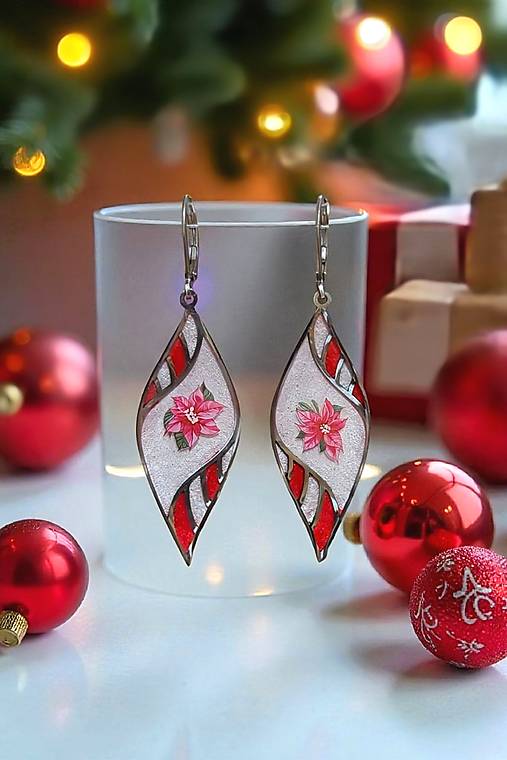 Náušnice - Vianočné náušnice bielo-červené s vianočnými ružami, nerezová oceľ - 17899613_