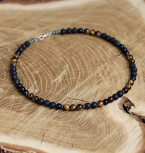 Pánske šperky - Pánsky náhrdelník - tigrie oko, láva, hematit, ónyx - 17899971_