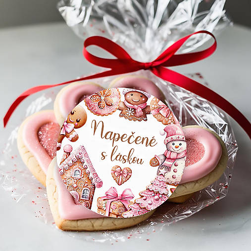 Vianočná okrúhla nálepka na koláče, Vianoce  (ružové medovníčky)