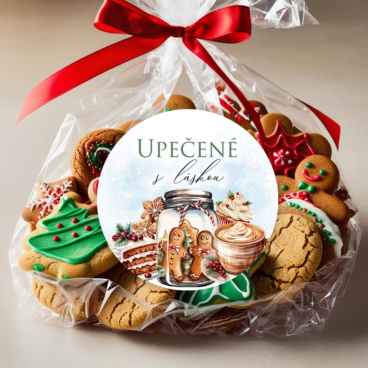 Vianočná okrúhla nálepka na koláče, Vianoce  (medovníčky vo fľaši)