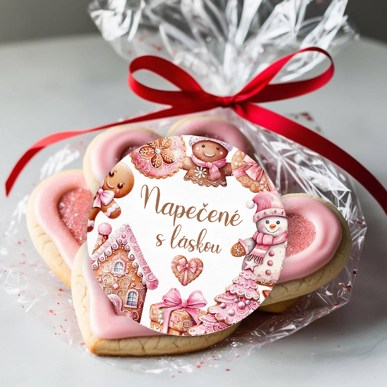 Vianočná okrúhla nálepka na koláče, Vianoce  (ružové medovníčky)