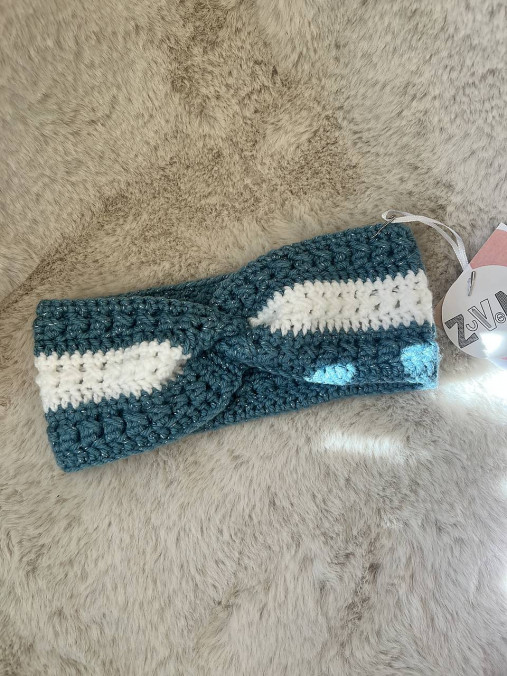 Ručne háčkovaná čelenka (Čelenka bielo-modrá - 60ceam)