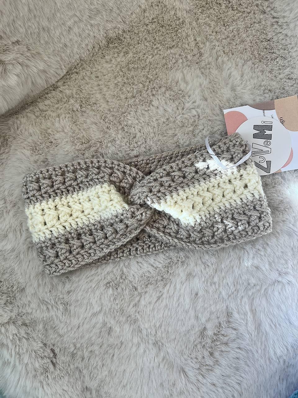 Ručne háčkovaná čelenka (Čelenka krémovo-hnedá - 60cebm)